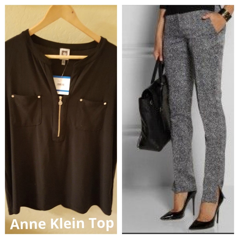NWT Anne Klein Gold Zipper Button Black Blouse XL